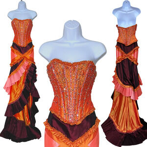 MeProm Strapless Prom Dress Sz 3 Gown GYPSY Boho Patchwork Pageant Orange Corset
